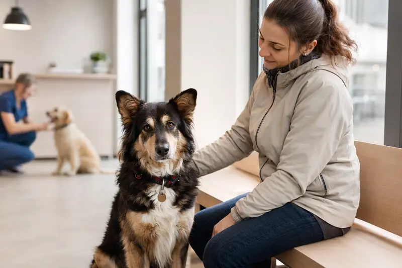 Ein Goralenhund sitzt ruhig neben seinem Besitzer im hellen Wartezimmer einer modernen Tierarztpraxis.
